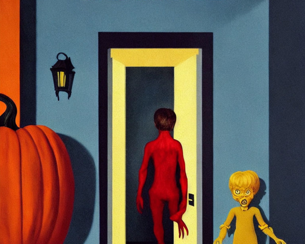 Eerie Halloween illustration with red humanoid, child, pumpkin, and eerie text