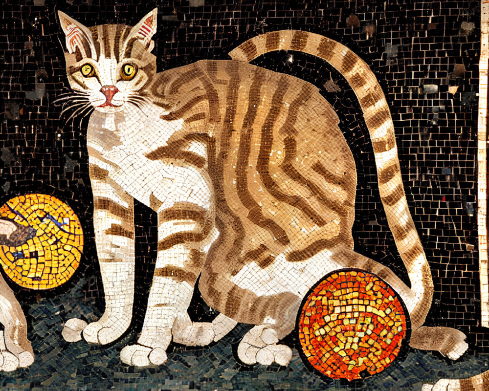 Striped Cat Mosaic Artwork with Colorful Balls