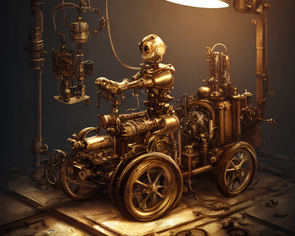 Steampunk style robot with intricate gears working in workshop under warm light