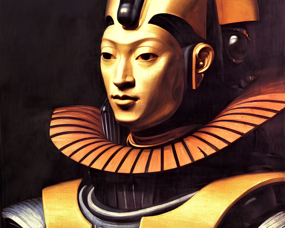 Character blending ancient Egyptian style with futuristic robotic elements in gold and black headdress and suit.