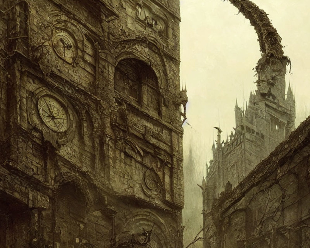 Desolate stone tower with intricate carvings in misty gothic cityscape