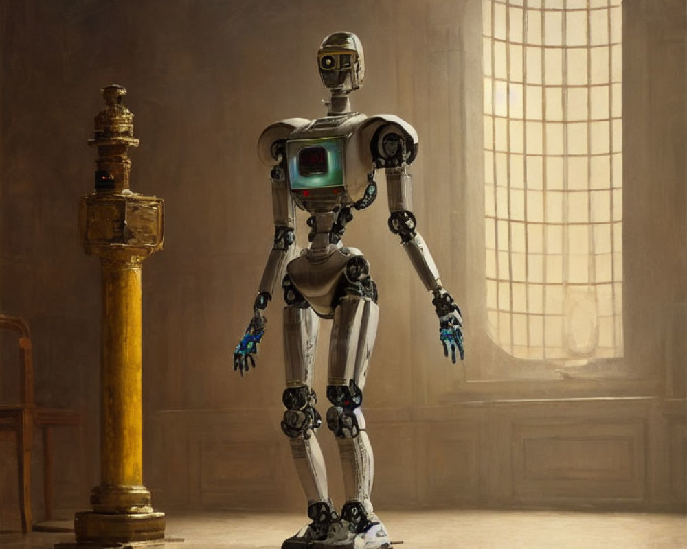 Humanoid robot in dimly lit room with classical architecture vibe and arched window.