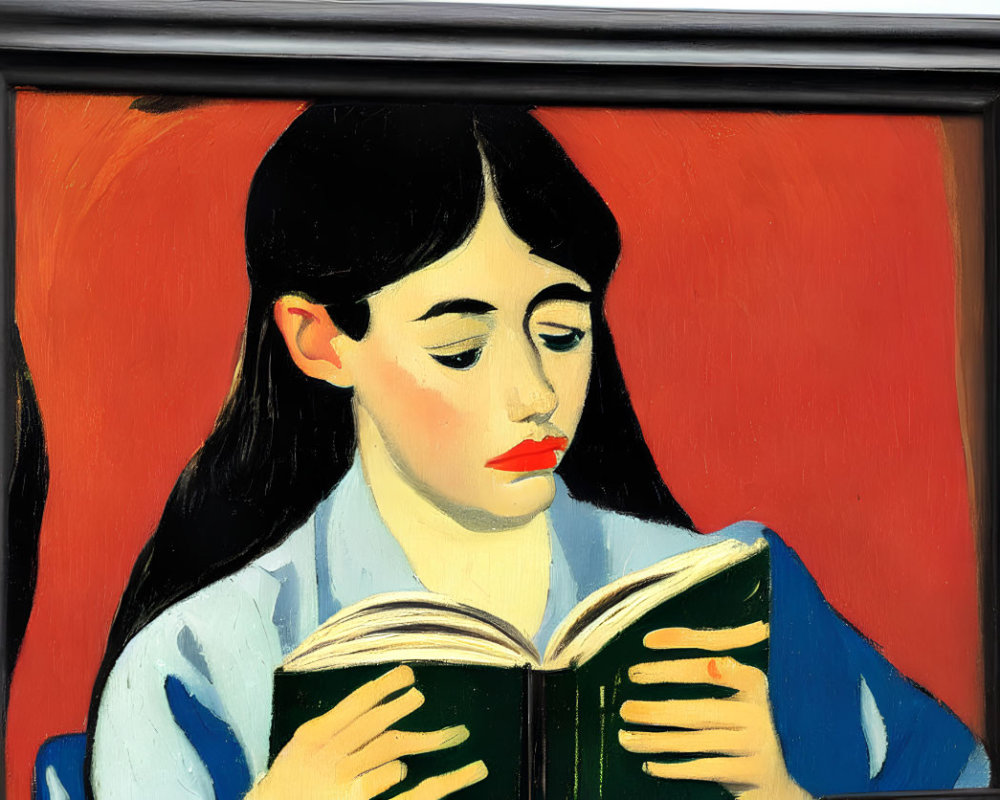 Portrait of woman with black hair and red lips in blue top reading green book on red background.