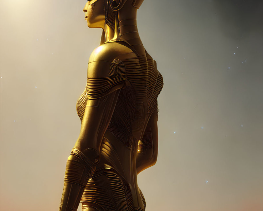 Golden humanoid robot on alien planet with rocky terrain and star-filled sky.