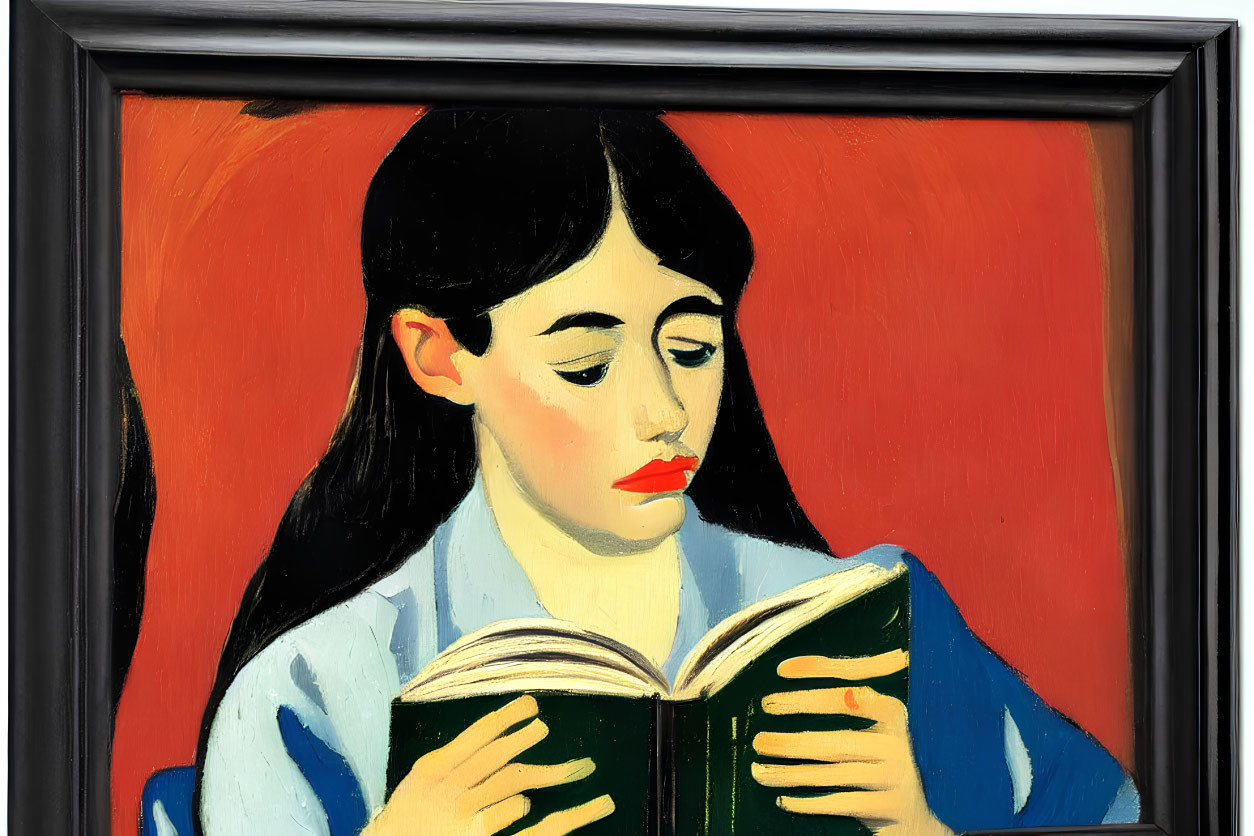 Portrait of woman with black hair and red lips in blue top reading green book on red background.