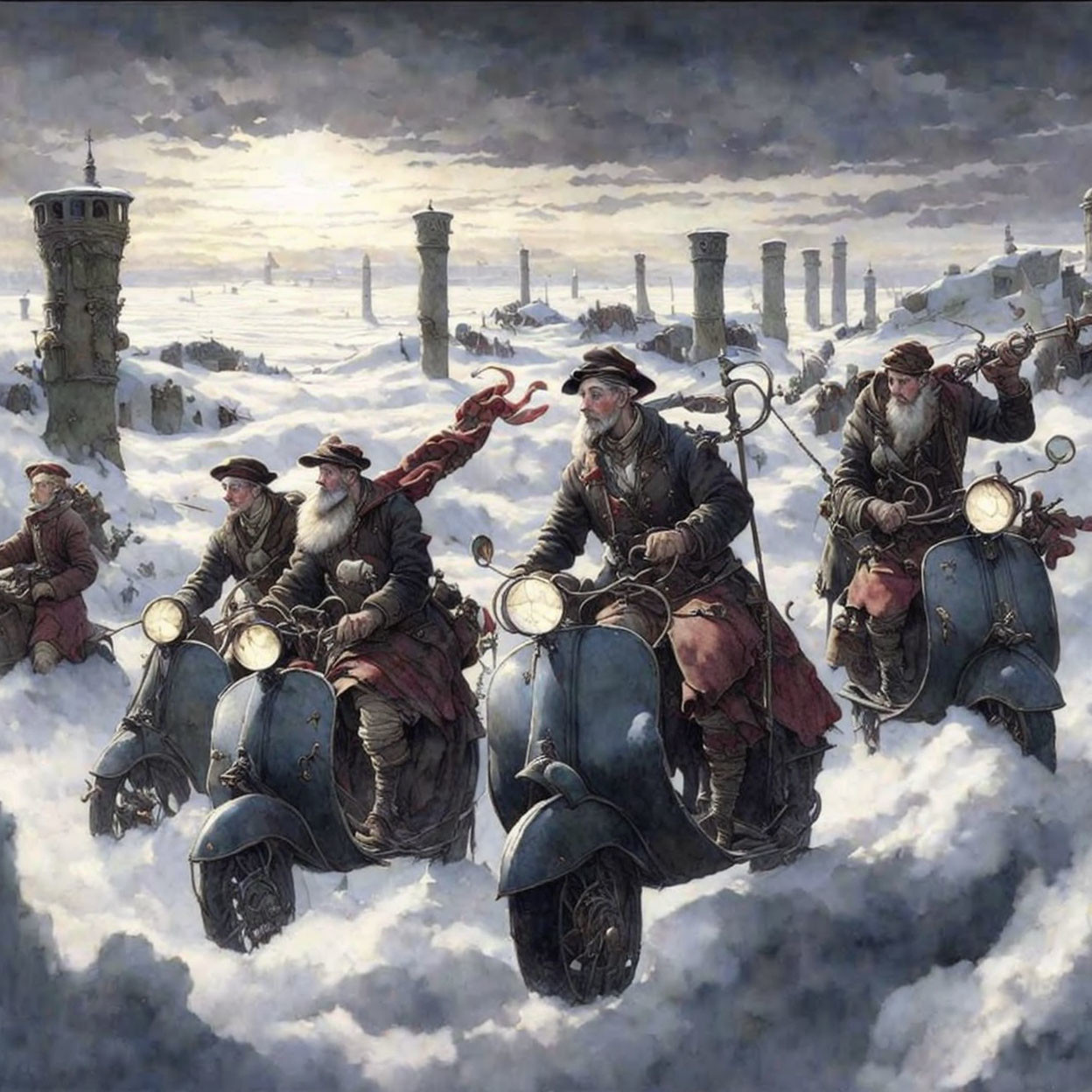 Fantasy painting: Bearded riders on motorized sleds in snow with ruins and tower.