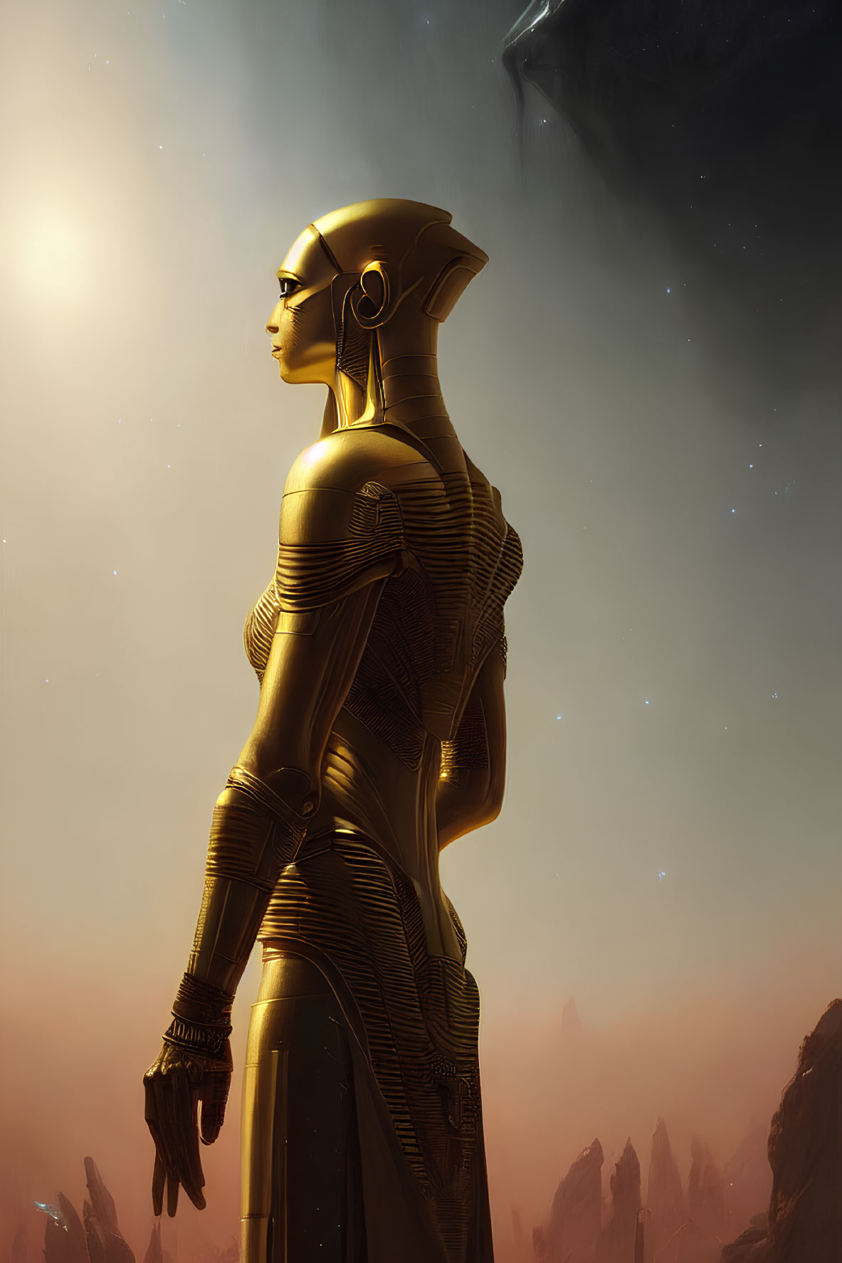 Golden humanoid robot on alien planet with rocky terrain and star-filled sky.