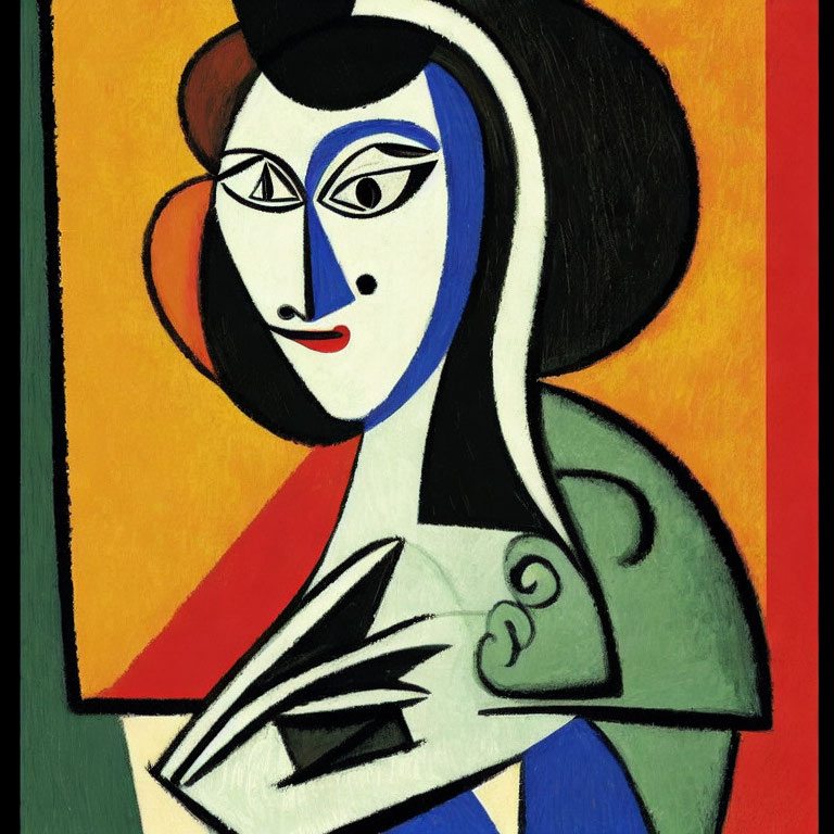 Stylized woman with blue and white skin in abstract painting