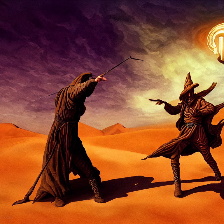 Cloaked figures with staffs dueling in desert under orange sky