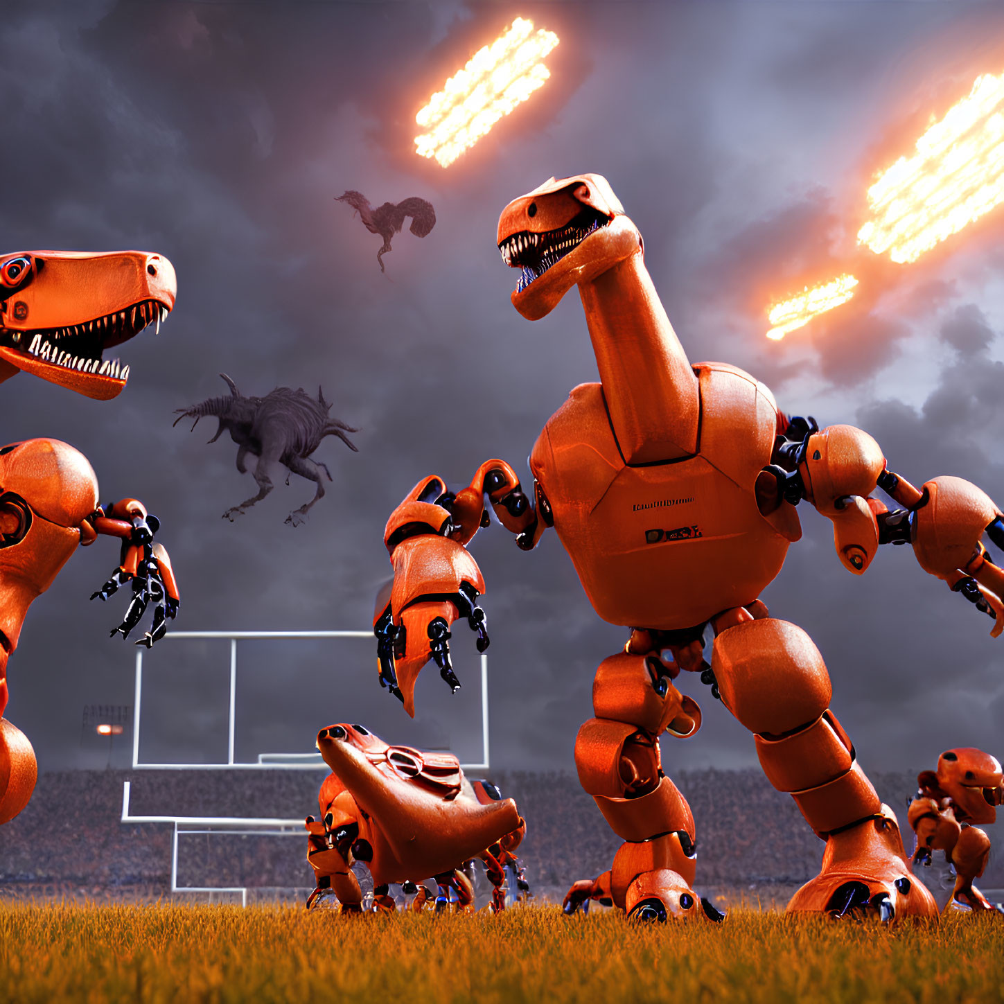 Robotic dinosaurs play football in stadium under overcast sky