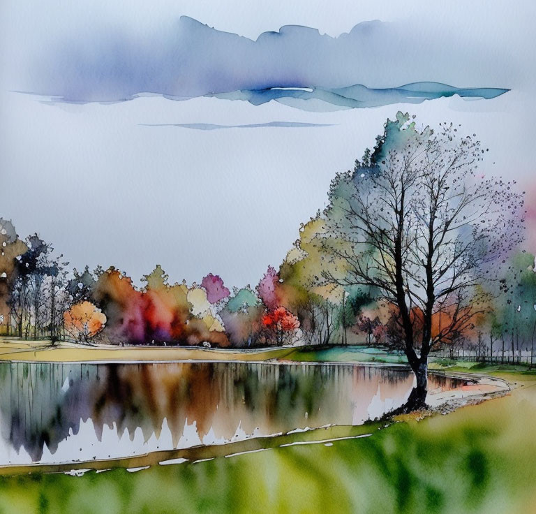 Serene landscape watercolor with reflective lake & colorful foliage