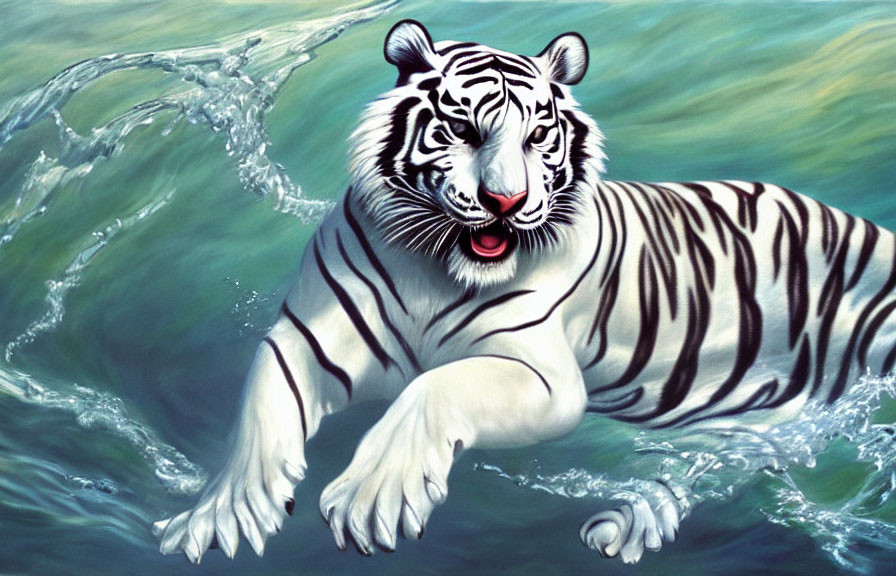 White Tiger Swimming in Greenish-Blue Water