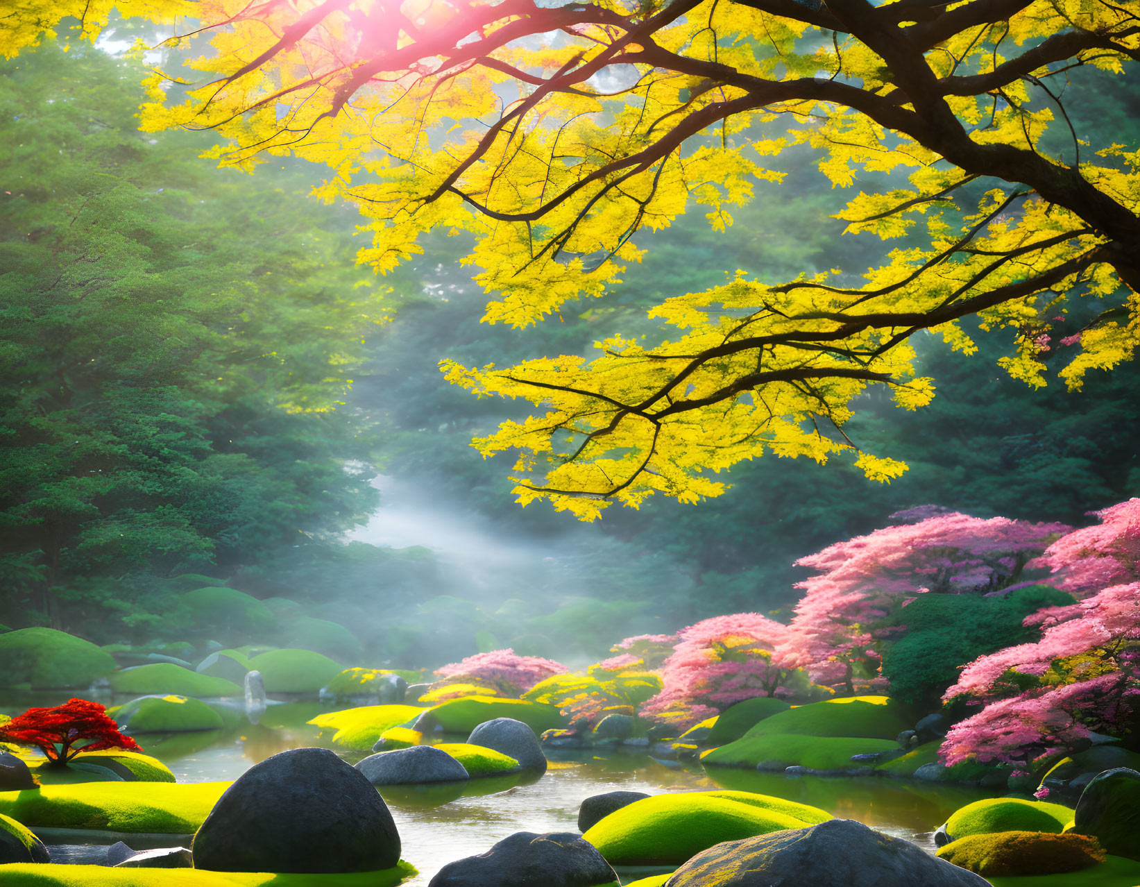 Tranquil Japanese Garden with Cherry Trees and Moss-Covered Rocks