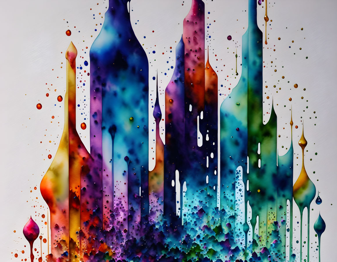 Vibrant paint splatters and drips on white backdrop