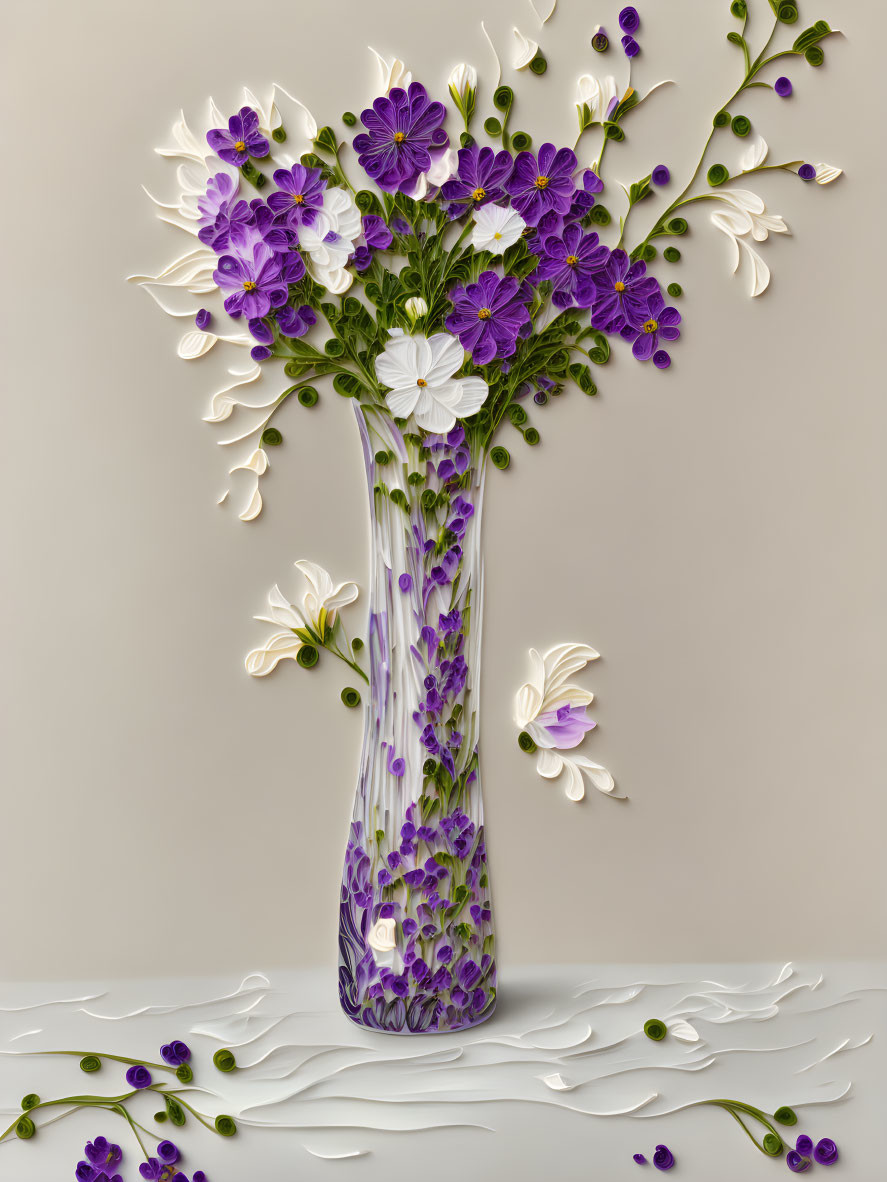 Purple and white flowers in tall elegant vase on neutral background