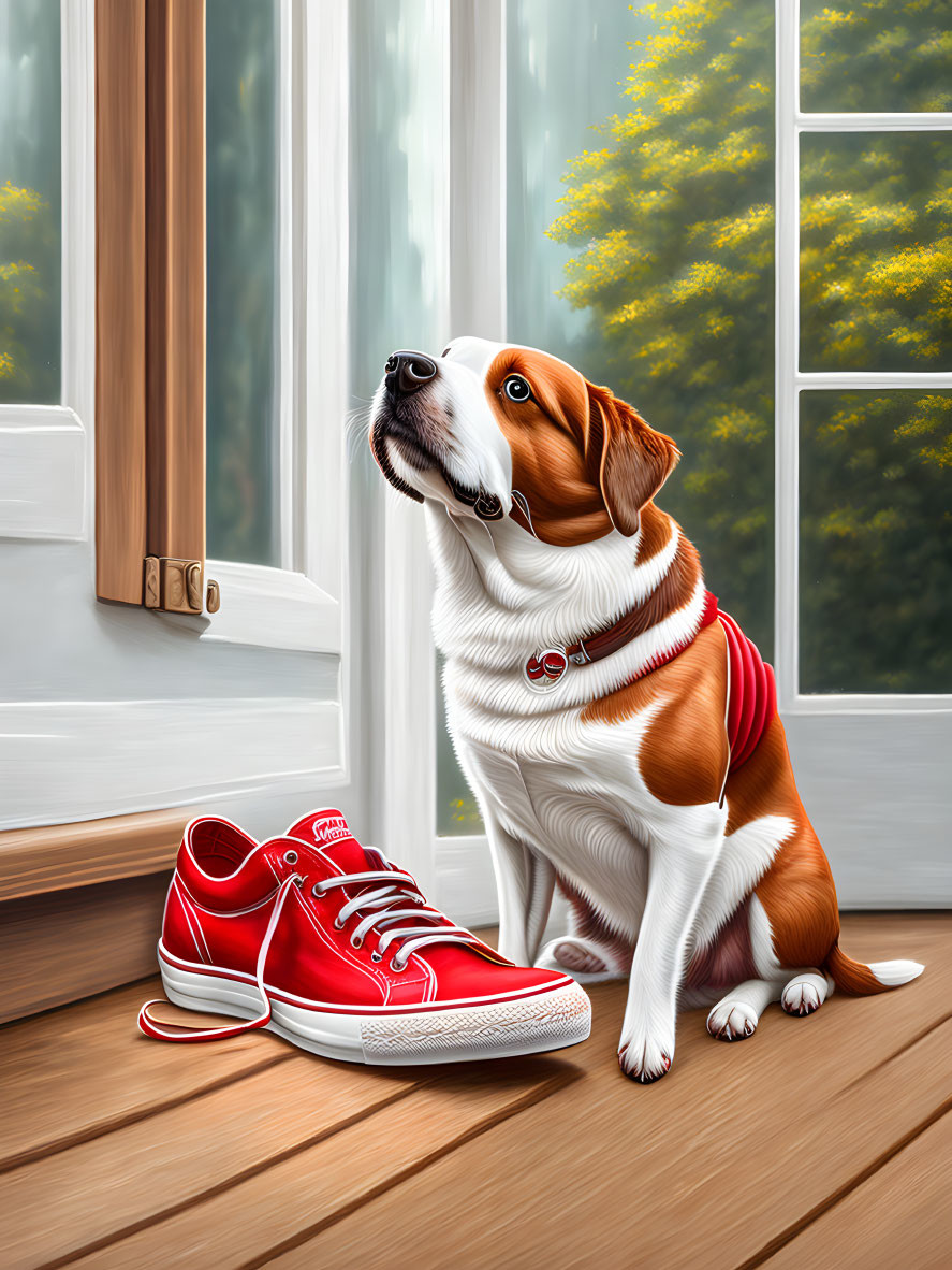 Red-collared dog beside red sneakers with window and trees in background