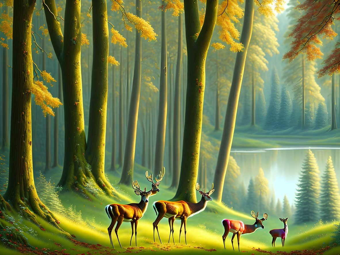 Tranquil forest landscape with deer by calm lake