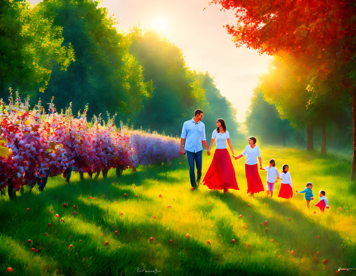 Family walking in sunlit park with blooming flowers