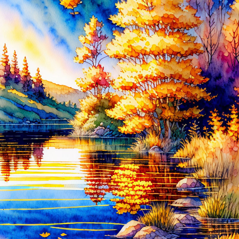 Golden autumn trees reflected in tranquil lake under soft sunset sky