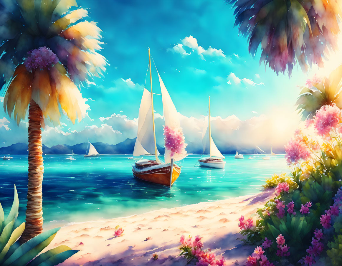 Colorful Sailboats Artwork: Tropical Beach Scene with Palm Trees