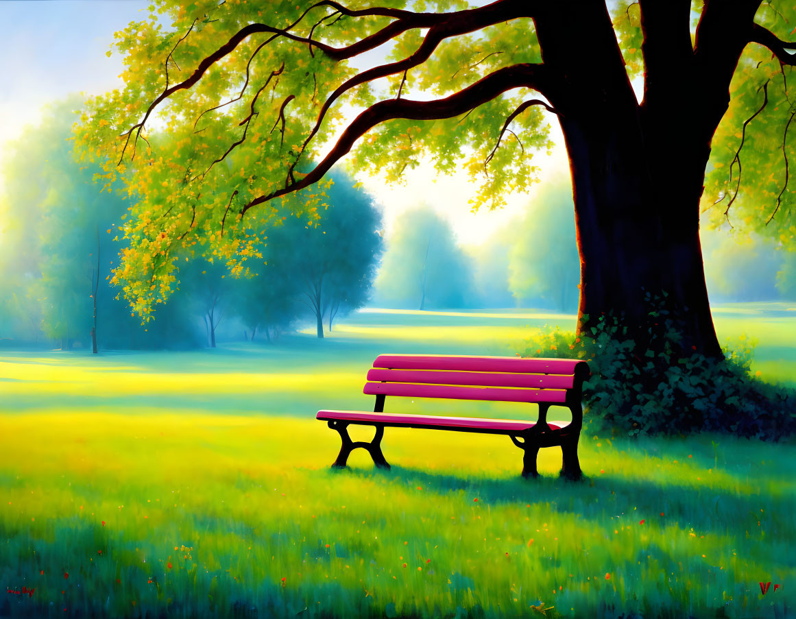 Pink Bench Under Tree in Sunlit Park with Leafy Shadows