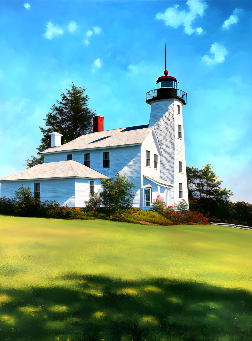 White Lighthouse with Red Beacon in Greenery and Clear Blue Sky