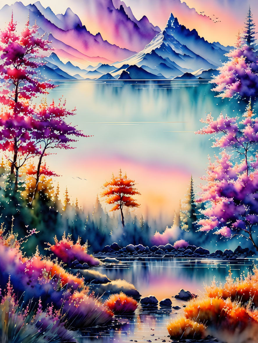 Tranquil Lake Scene with Colorful Trees and Purple Mountains