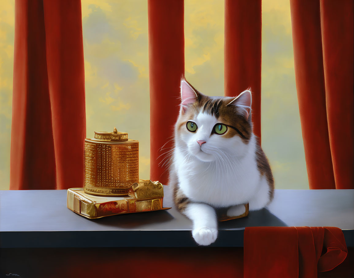 Tabby Cat with Green Eyes Next to Golden Ornaments and Red Curtains