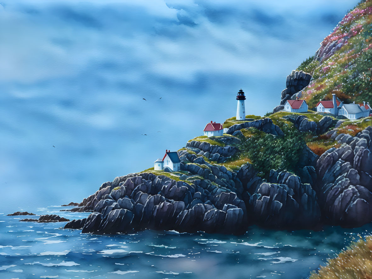 Seaside lighthouse on rugged cliffs with blooming flora and blue sky