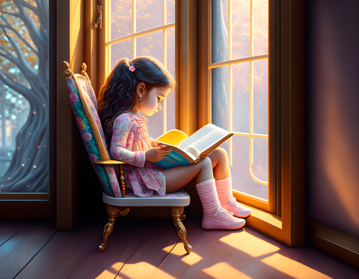 Young girl reading book by window in warm sunlight with twilight sky and trees.