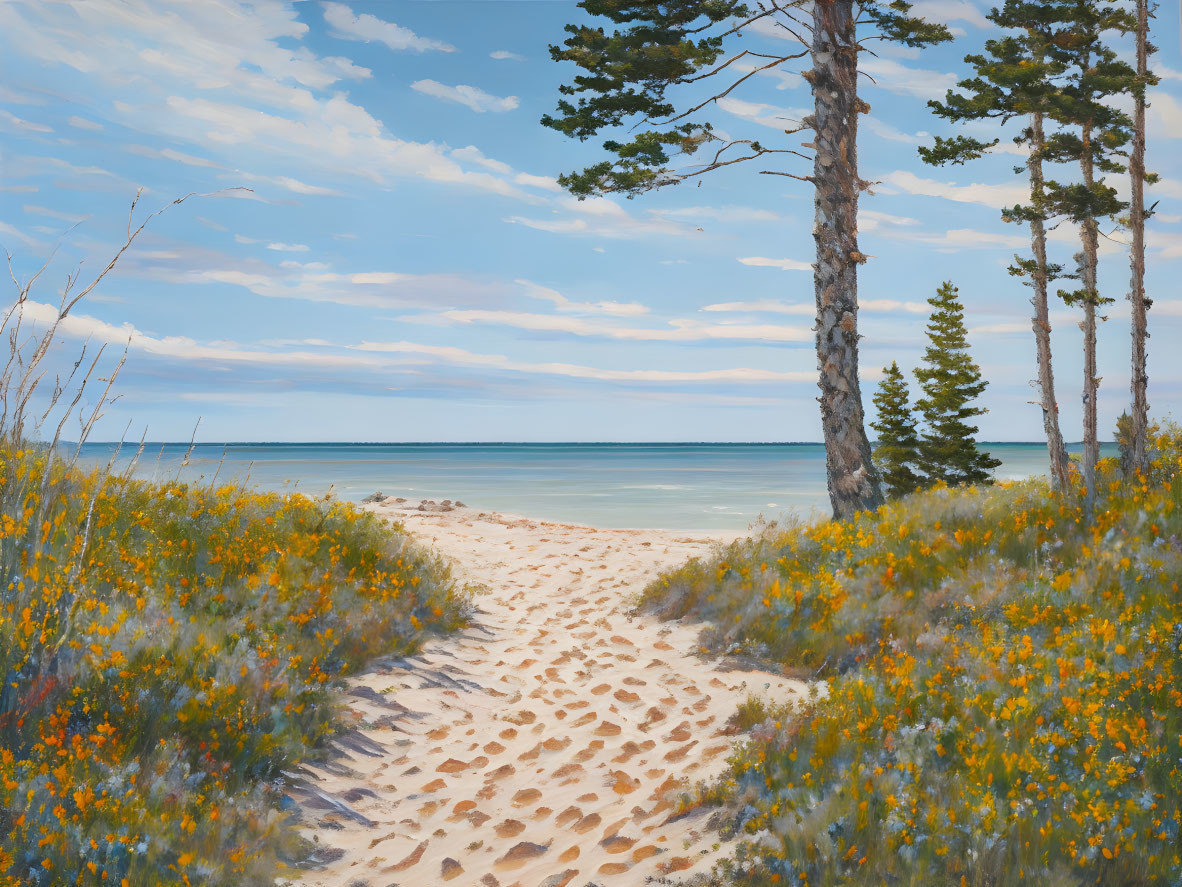 Tranquil beach landscape with sandy path, blue sea, wildflowers, pine trees, and cloudy