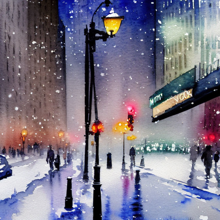 Snowy City Street Watercolor Painting: Night Scene with Street Lamps & Silhouettes