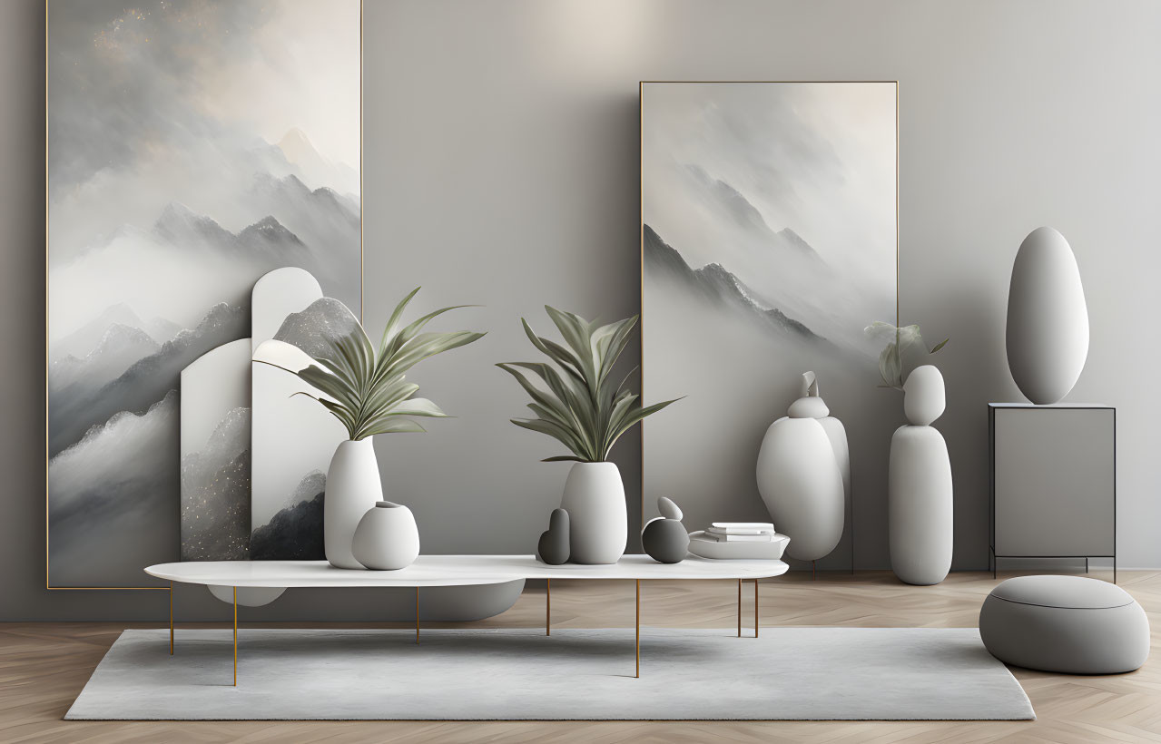 Minimalistic Room with Abstract Mountain Wall Art & Ceramic Vases