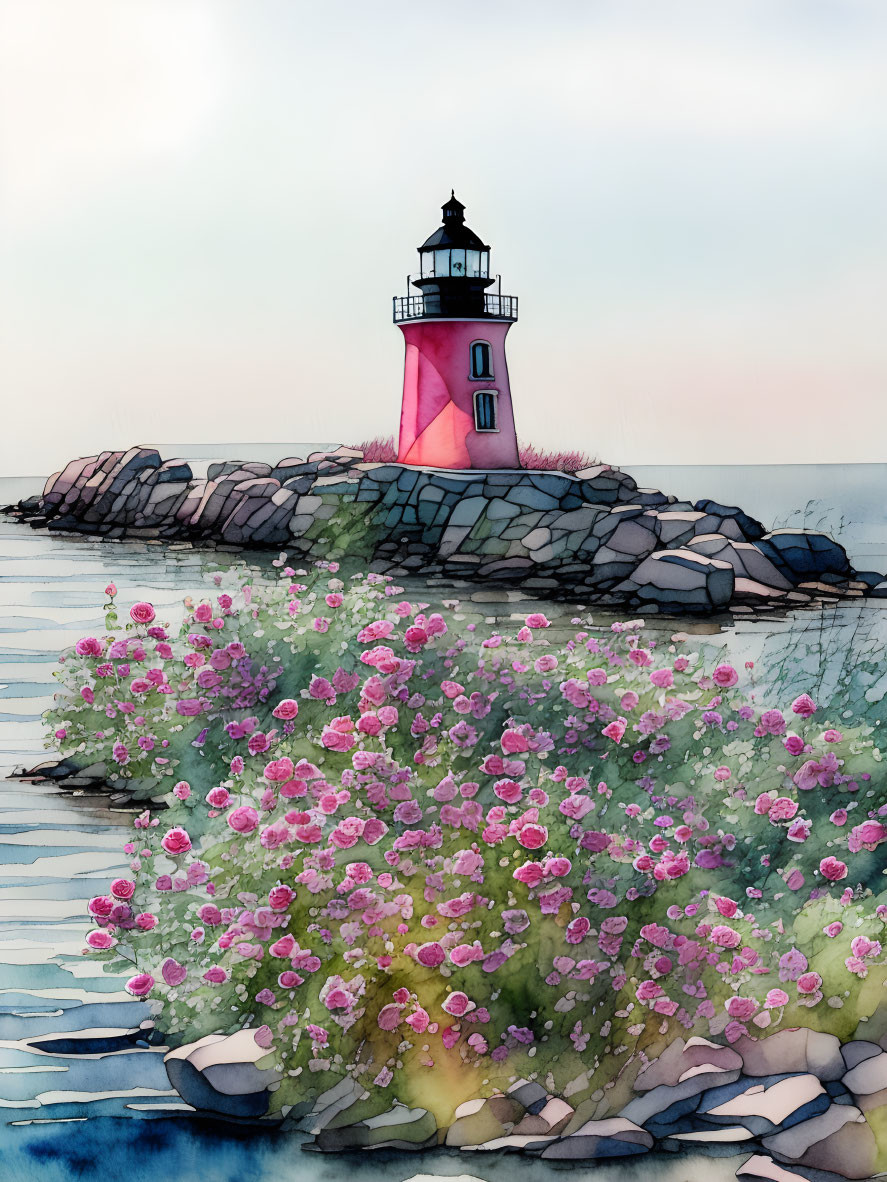 Pink sunset lighthouse watercolor with blooming flowers