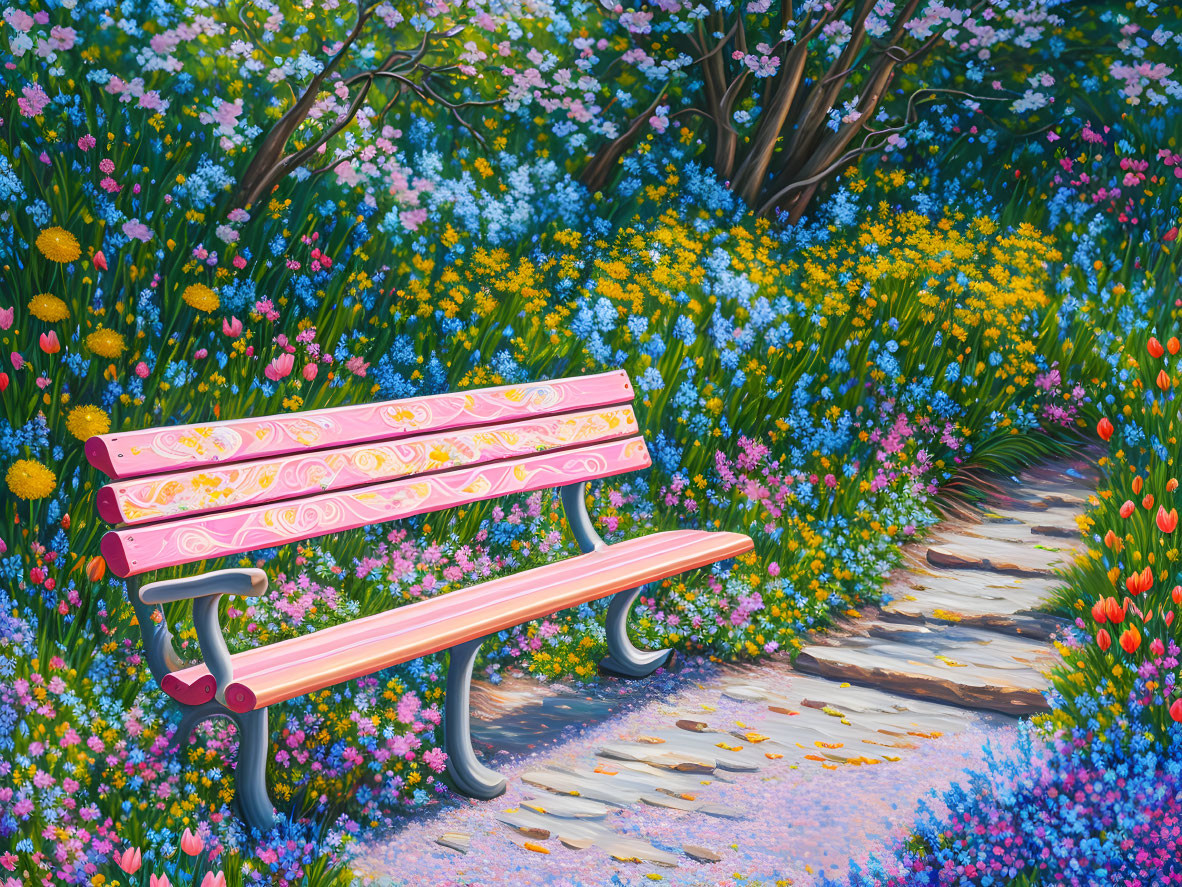 Colorful Flower Garden Bench in Vibrant Paint Colors