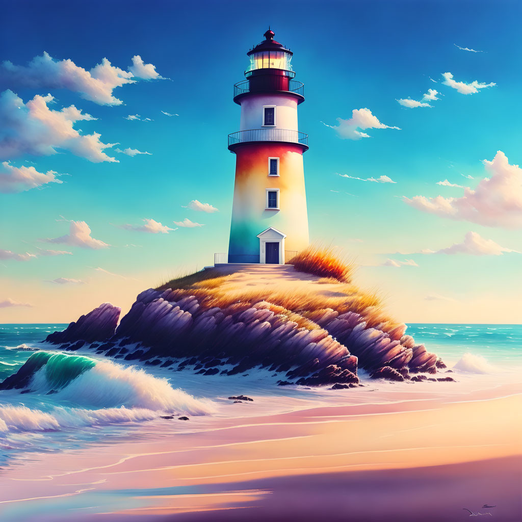 Lighthouse illustration on rocky outcrop with crashing waves