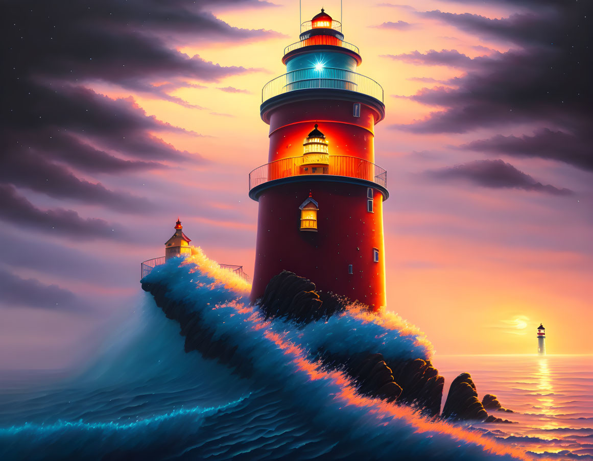 Red lighthouse on wave under dramatic sunset sky with guiding lights