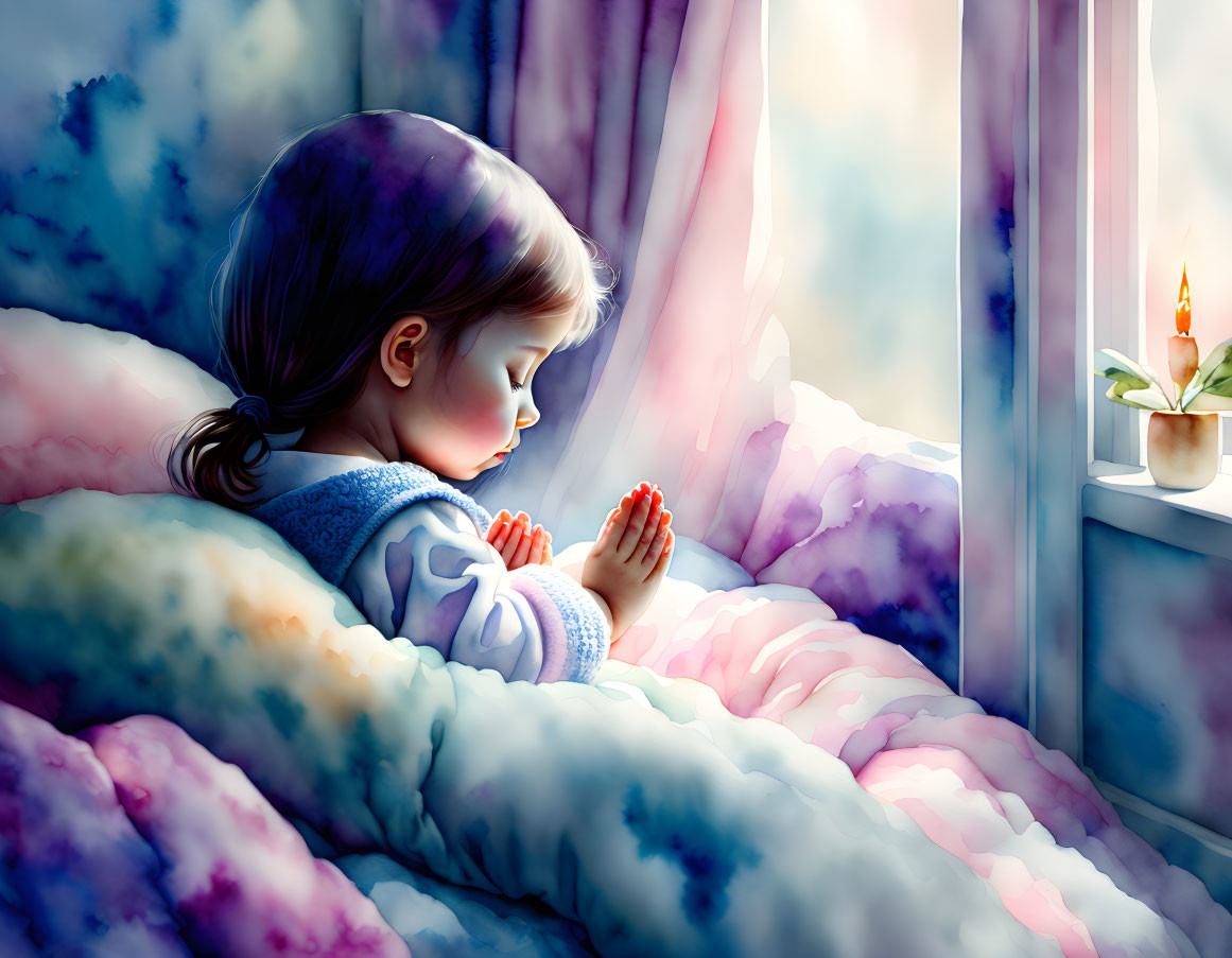 Young girl praying beside a bed with candle and plant by window.