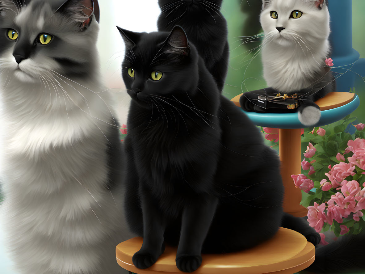 Three Fluffy Cats with Striking Eyes and Pink Flowers on Small Table