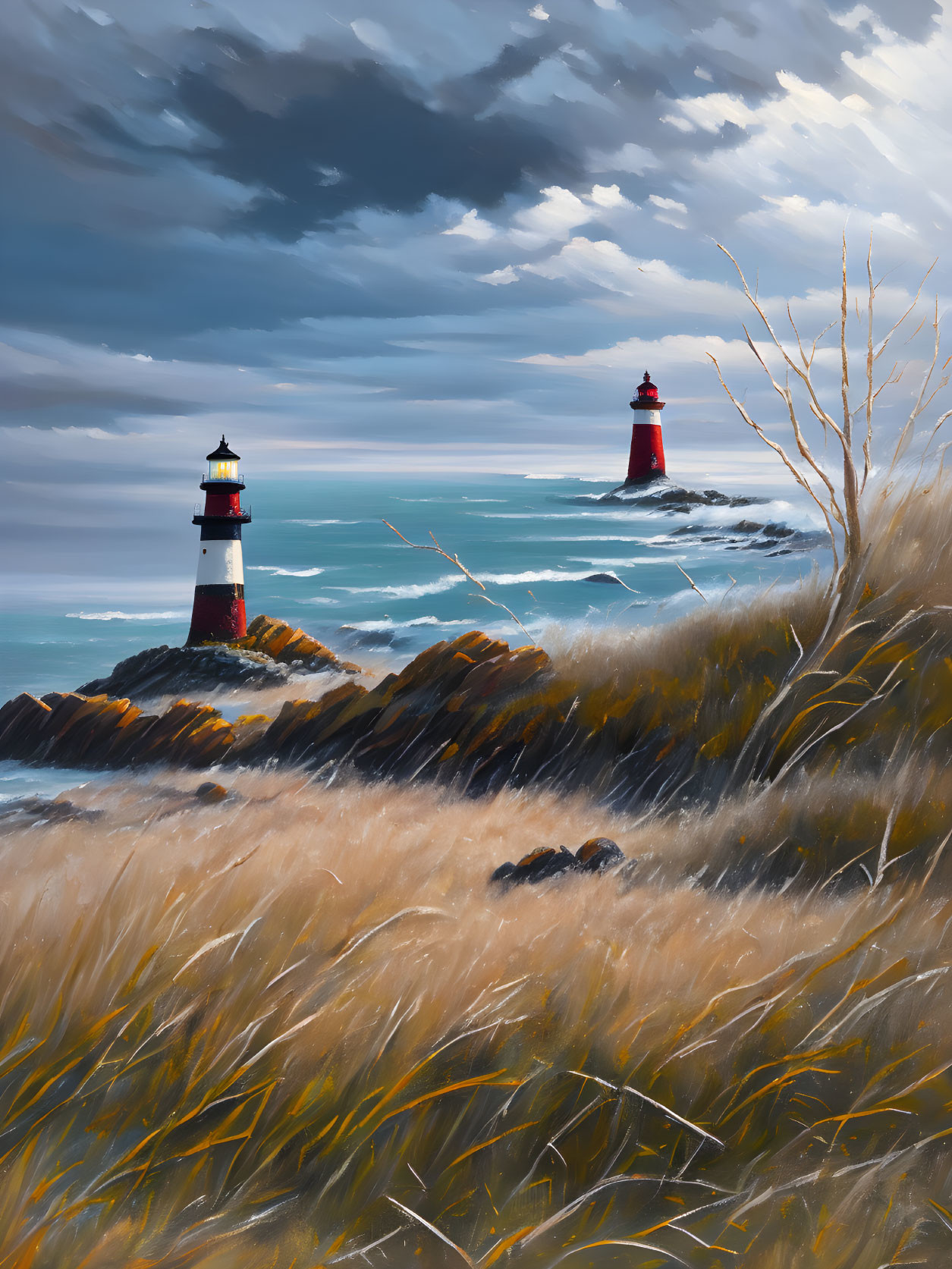 Stormy coastal scene with two lighthouses, crashing waves, and tall grasses