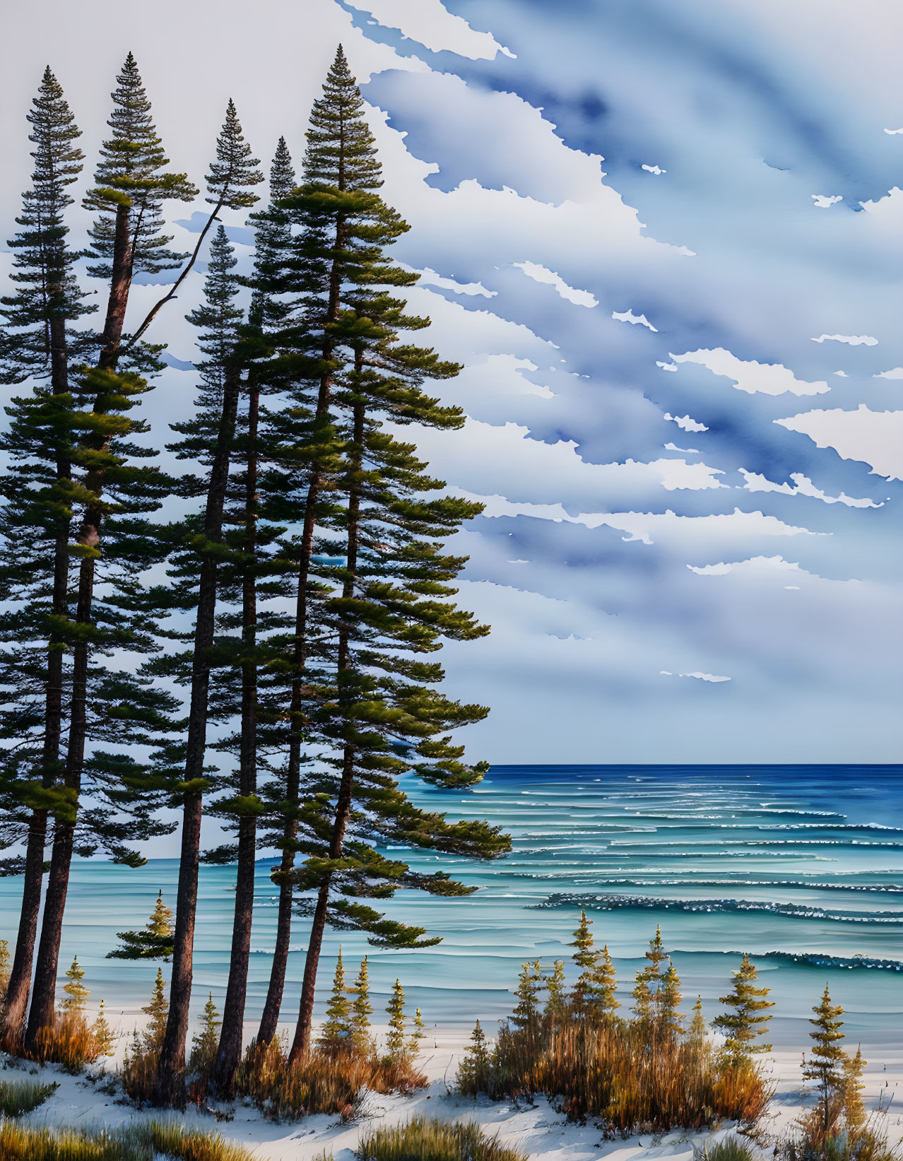 Sandy shore with pine trees and turquoise waters under cloudy sky