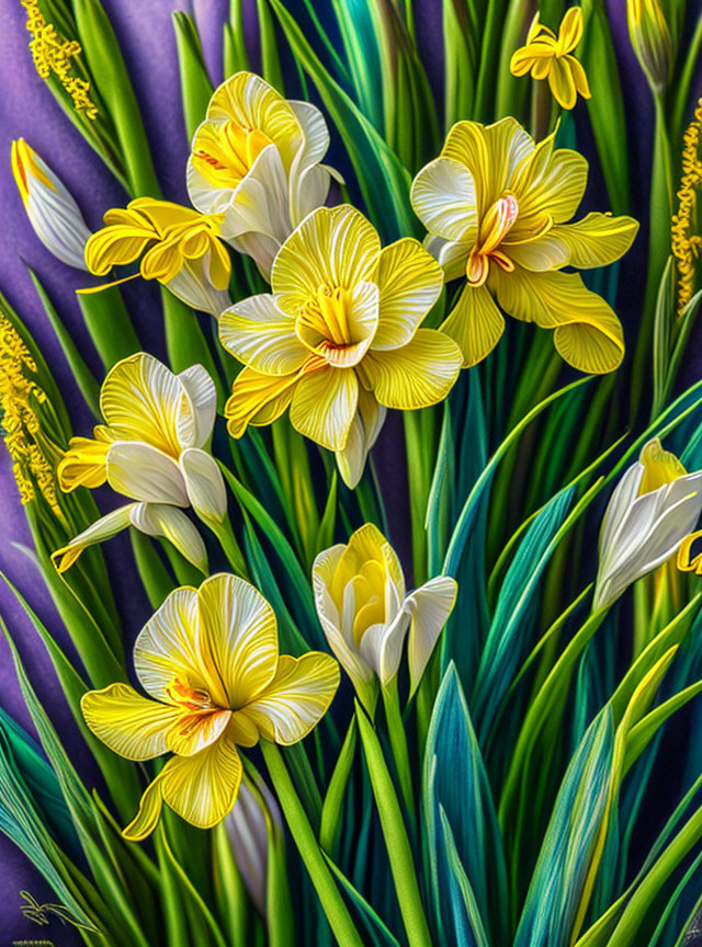 Yellow and White Striped Flowers Amidst Green Foliage and Purple Background