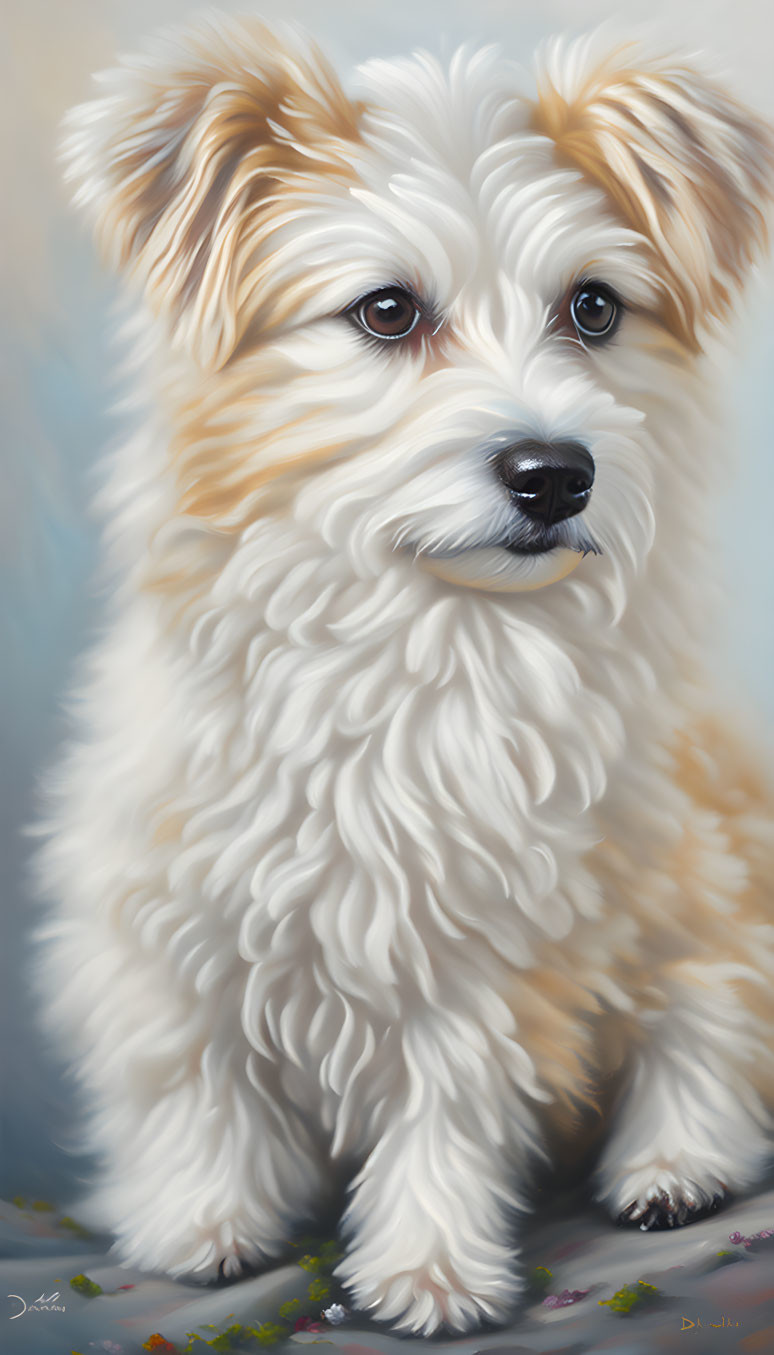 Fluffy White and Tan Dog Digital Painting