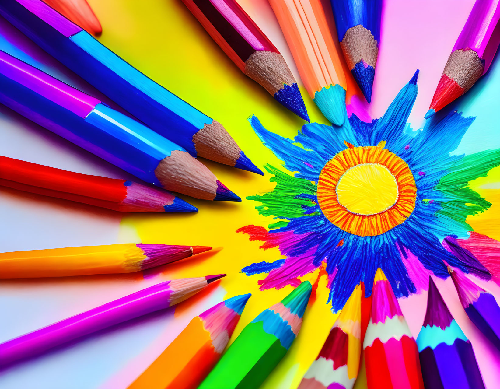 Vibrant flower surrounded by colored pencils on white background