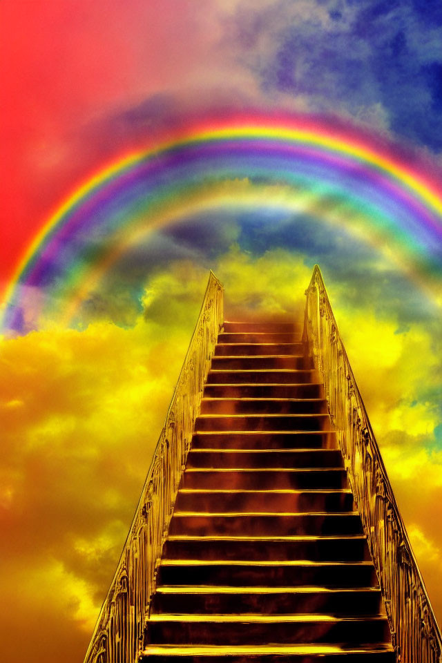 Colorful staircase reaching sky under rainbow and fiery clouds