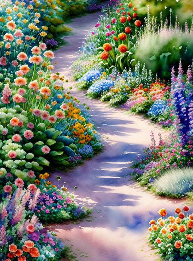 Colorful Flower-Lined Garden Path in Soft Sunlight