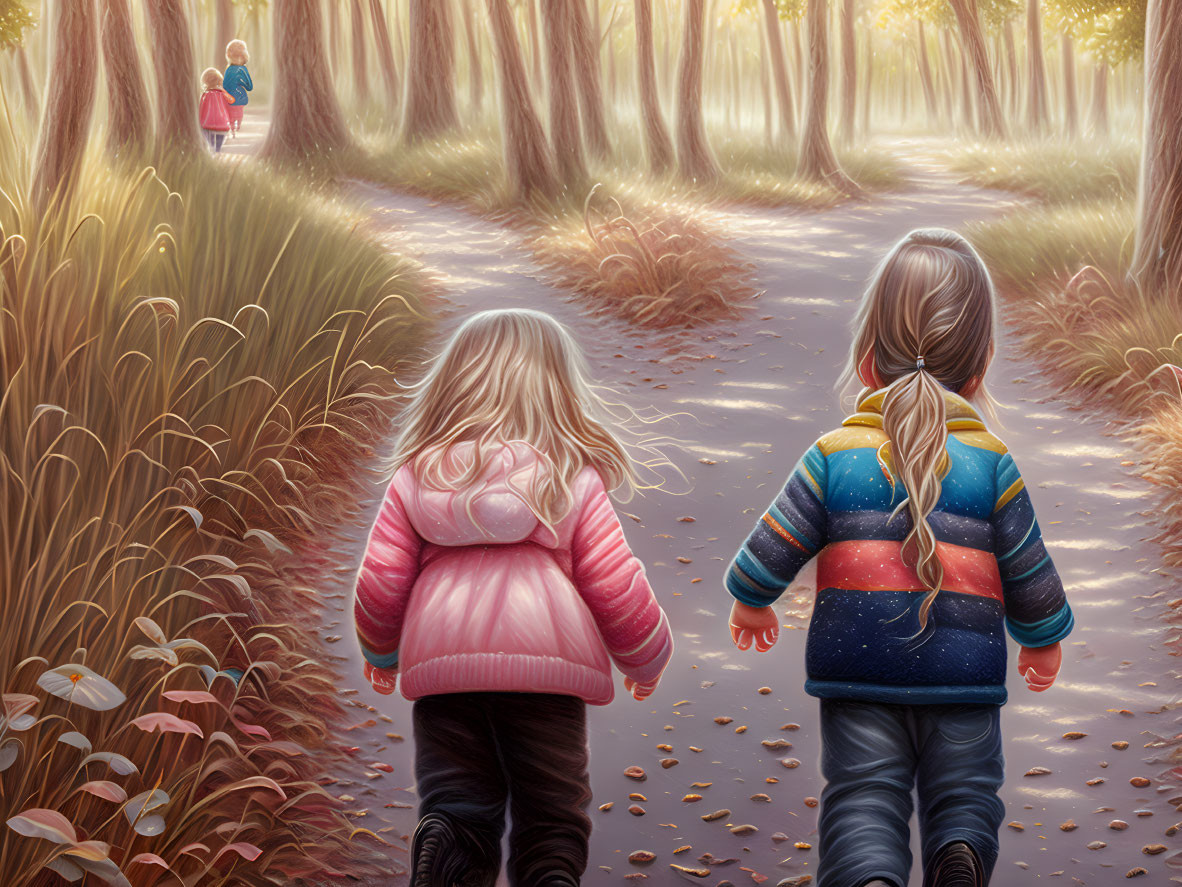 Children walking hand in hand on sunlit forest path amid autumn foliage