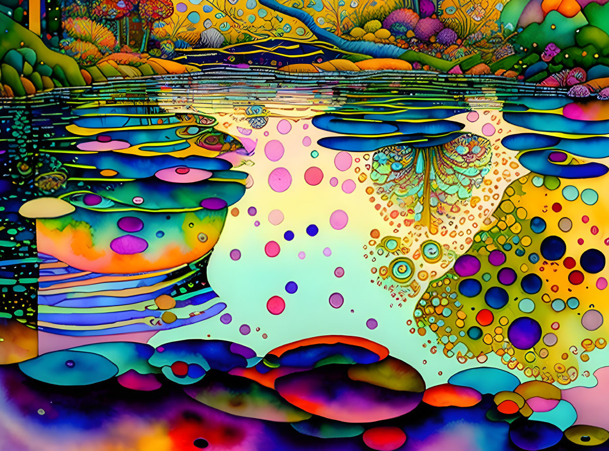 Colorful Psychedelic Landscape with Concentric Circles and Wavy Lines