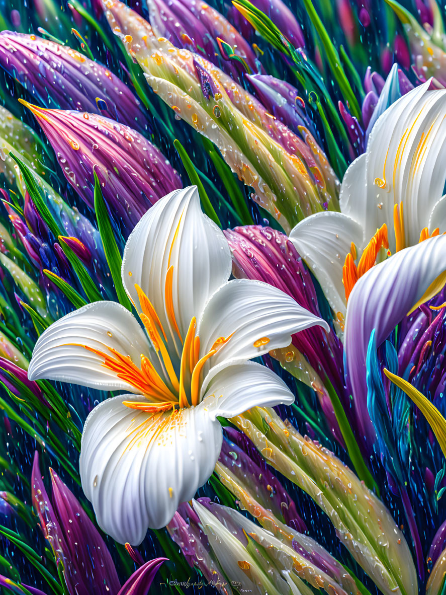 Close-up White Lily with Orange Stamens Among Multicolored Dewy Leaves