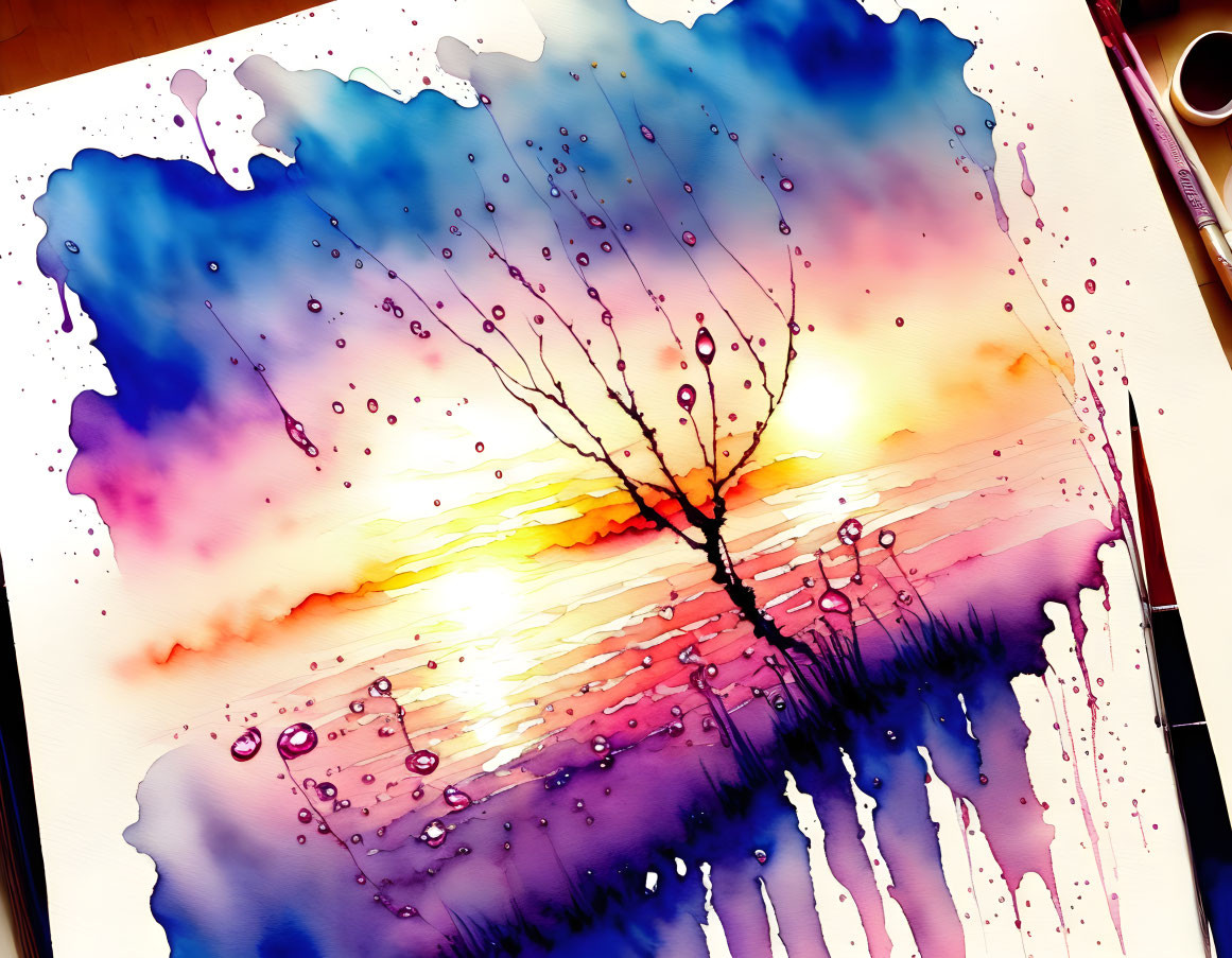 Sunset watercolor painting with silhouetted trees and dripping paint details